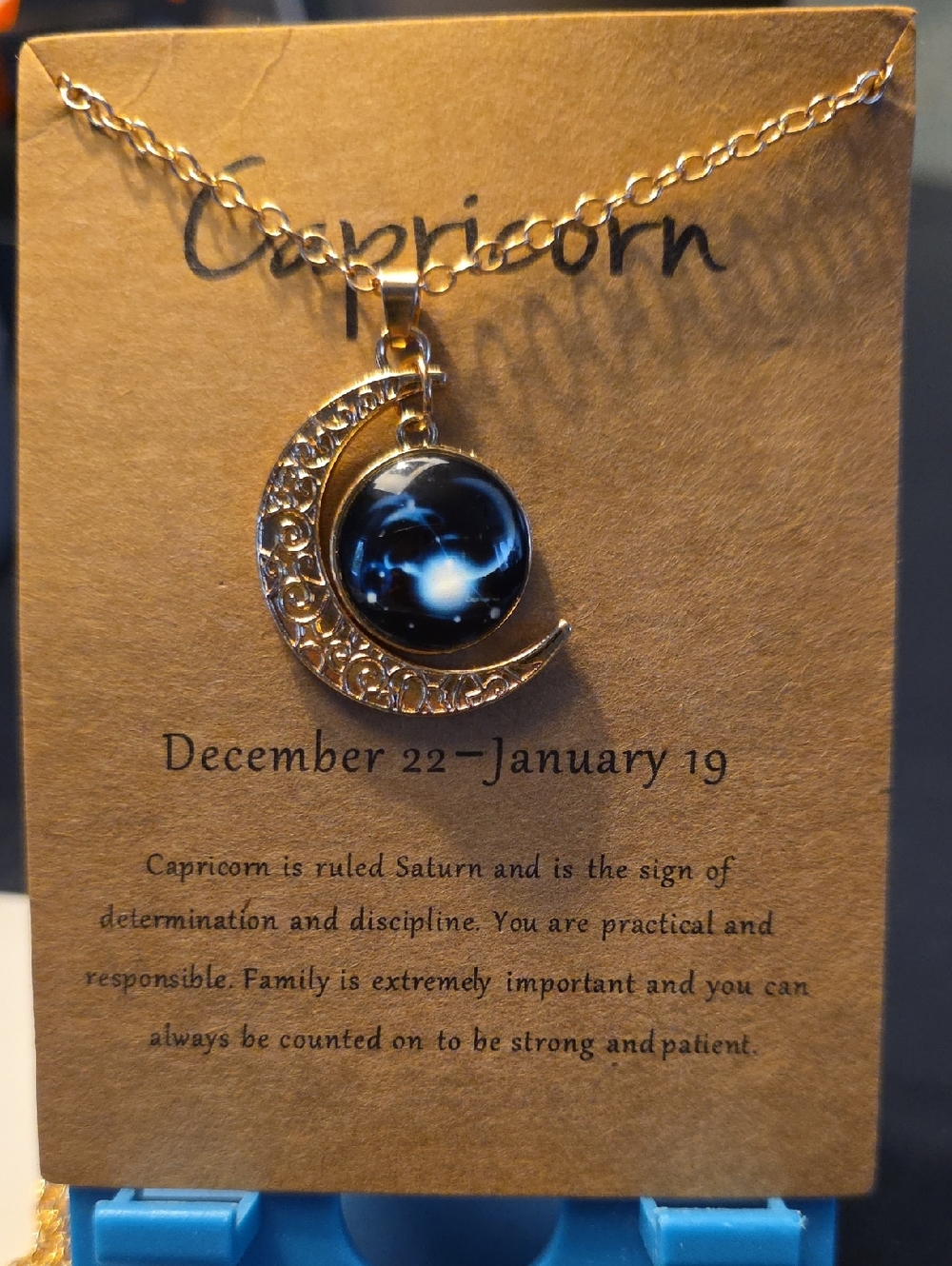 Capricorn Crescent Moon Pendant Necklace - Gold with Black Galaxy Cabochon